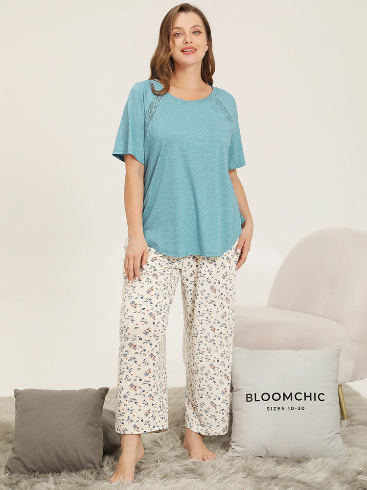 Sheer Lace Trim Curvy Hem Plain Pajama Top