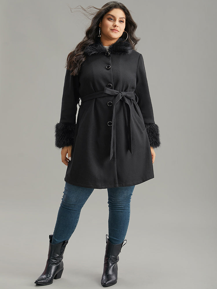 Solid Fuzzy Trim Button Through Belted Coat