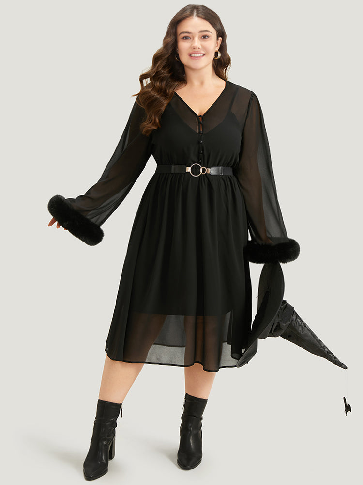 BloomChic Plus Size Black Halloween Patchwork Chiffon Mesh Button Up Fuzzy Trim Elegant V-neck Long Sleeve Midi Dress, 18-20/2X