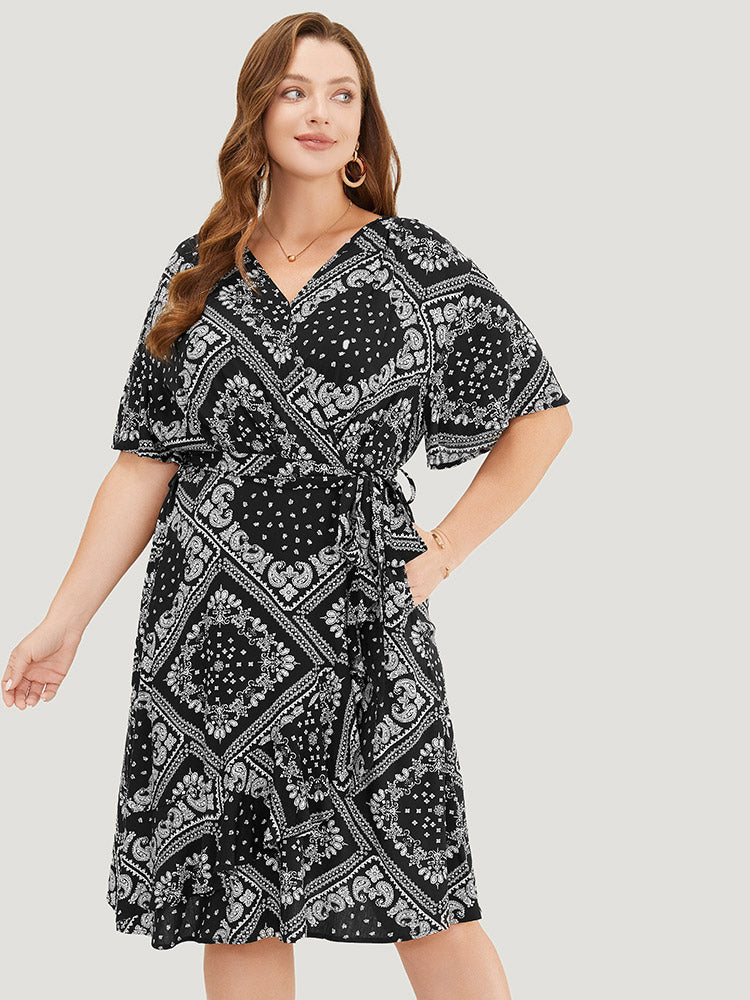 Paisley Print Pocket Belted Wrap Flutter Sleeve Dress