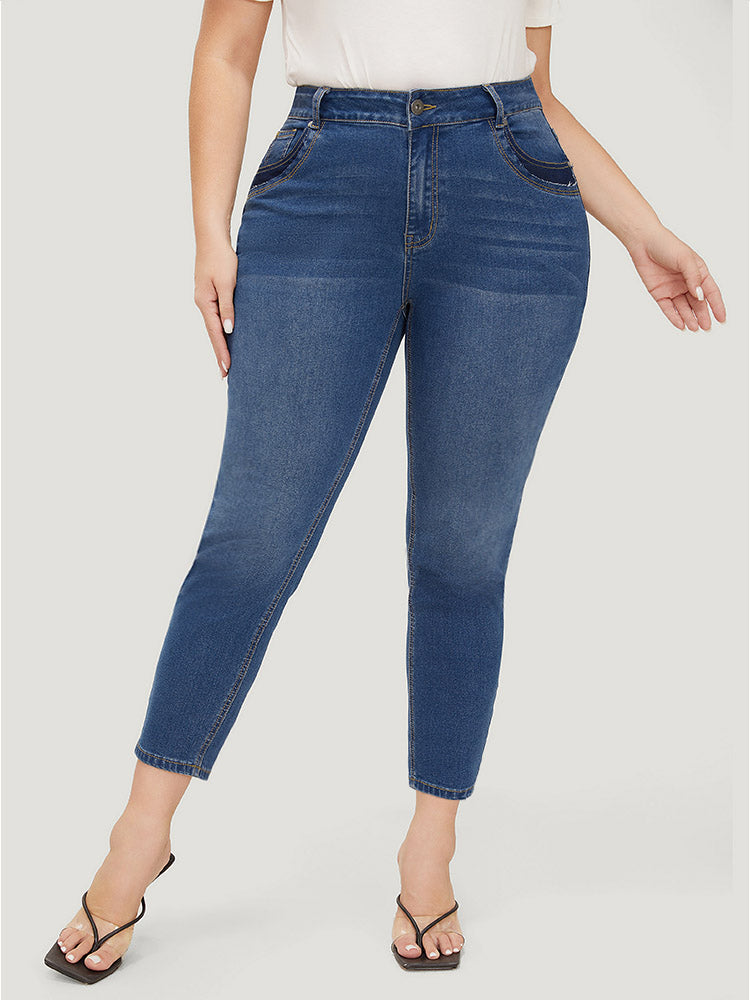 Very Stretchy High Rise Medium Wash Patched Patchwork Jeans