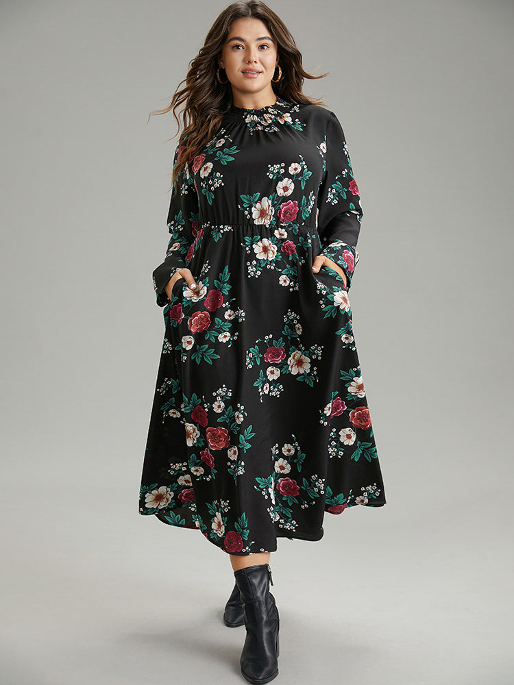 Floral Print Shirred Mock Neck Dress