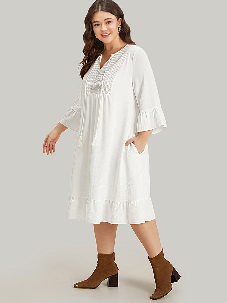 Solid Pocket Ties Tassels Bell Sleeve Dress