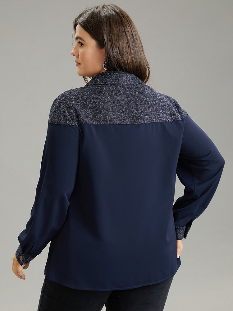 Shirt Collar Patchwork Textured Buckle Up Blouse