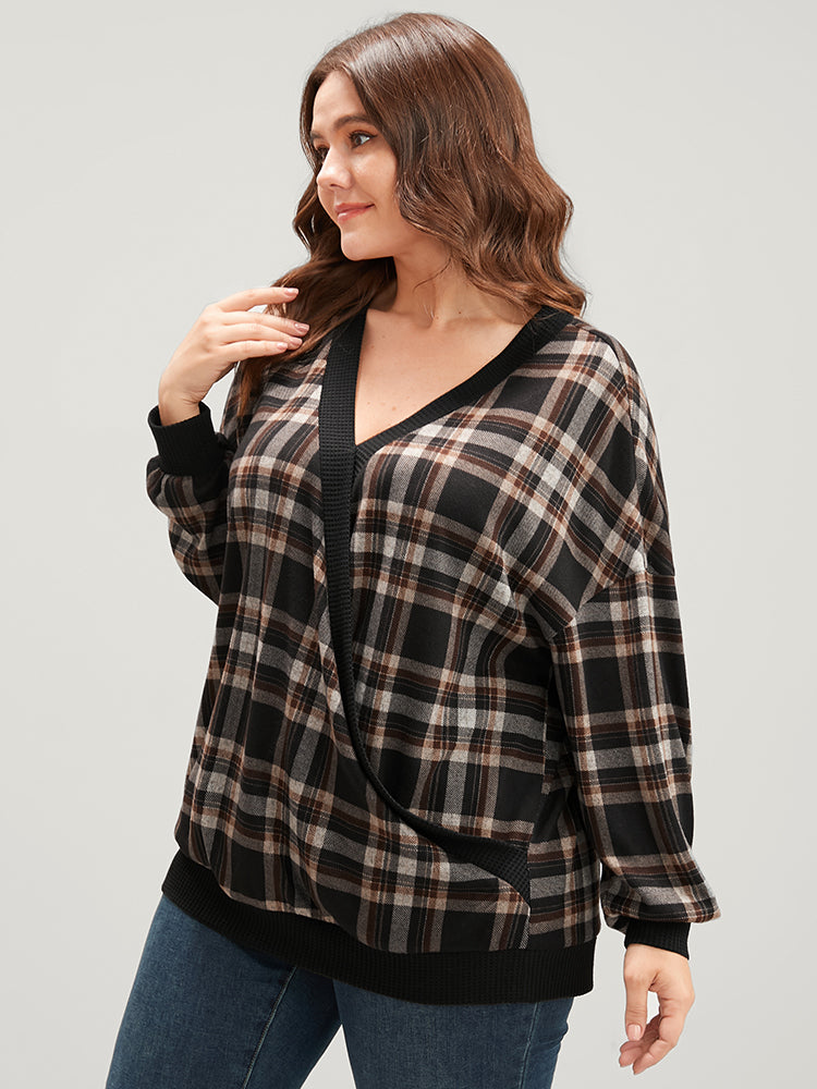 Contrast Trim Lantern Sleeve Tartan Wrap Sweatshirt