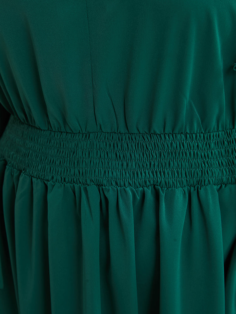 Solid Pocket Shirred Tie V Neck Ruffle Hem Dress