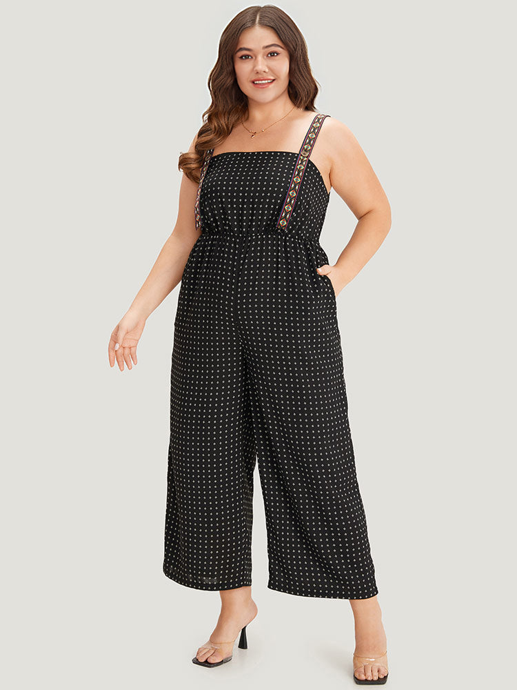 Geometric Print Pocket Button Elastic Waist Cami Jumpsuit