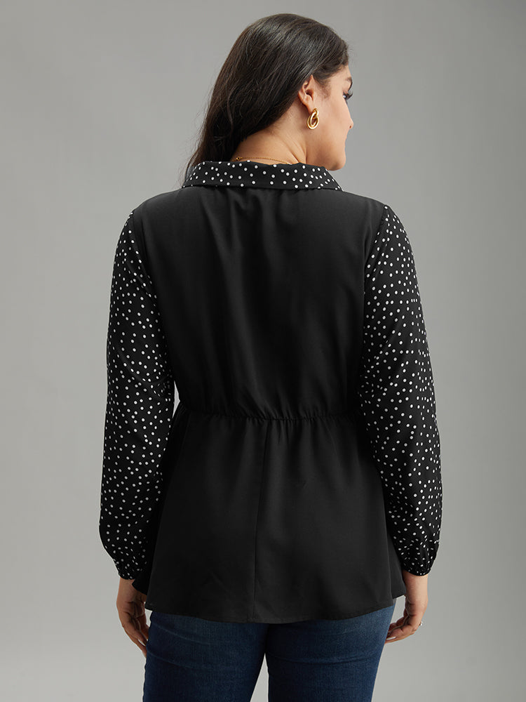 Polka Dot Patchwork Lapel Collar Elastic Waist Blouse