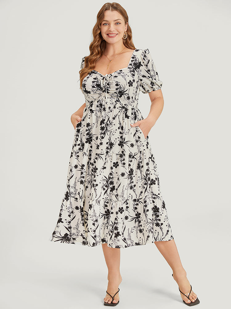 Floral Puff Sleeve Pocket Ruched Drawstring Ruffle Dress – BloomChic