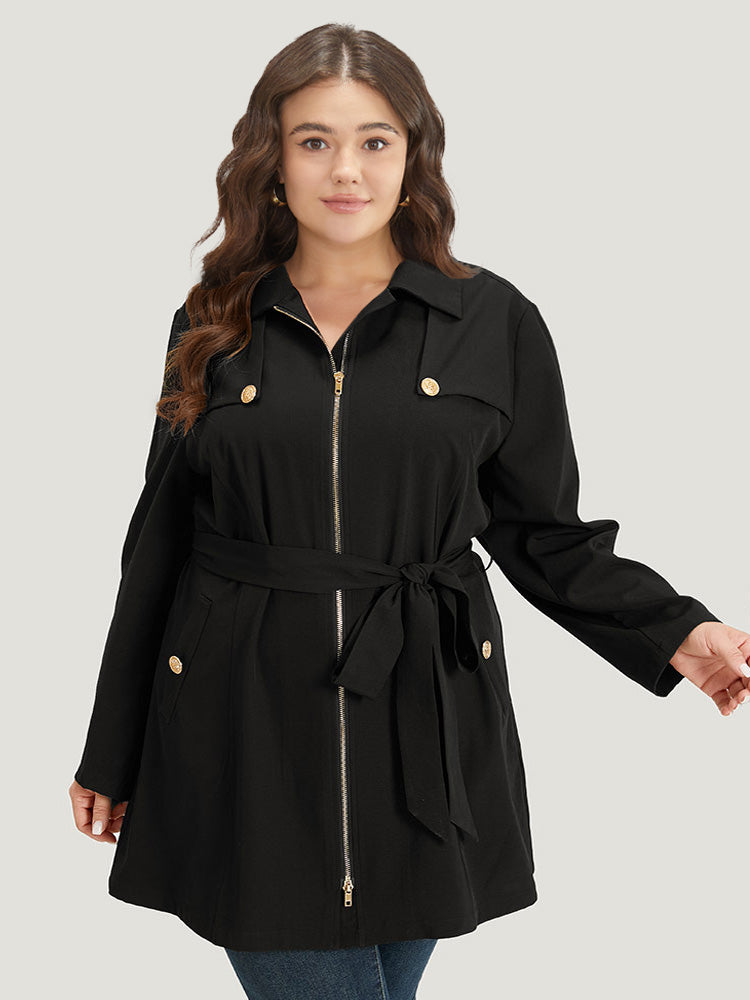 Solid Belted Button Detail Zipper Pocket Coat