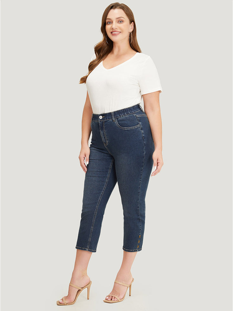 Very Stretchy High Rise  Dark Wash Beaded Detail Cropped Jeans