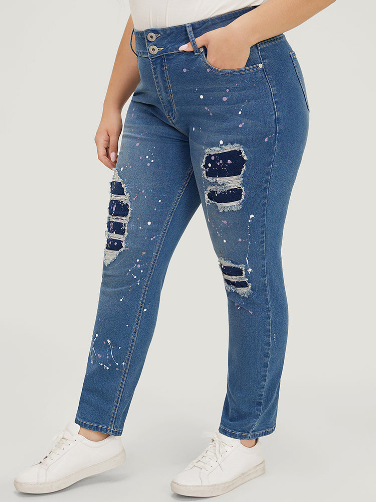Very Stretchy High Rise Medium Wash Paint Patched Jeans