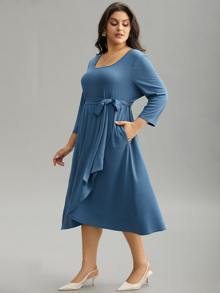 Plain Square Neck Arc Hem Belted Wrap Dress