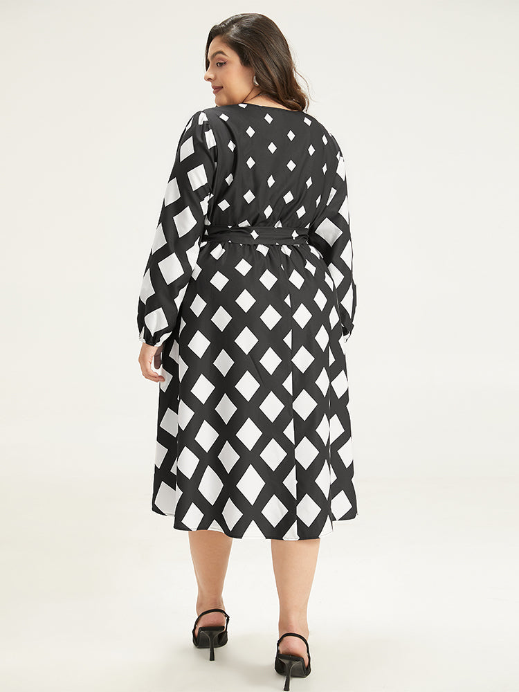 Geometric Printed Bell Ruffle Sleeve Button Dress