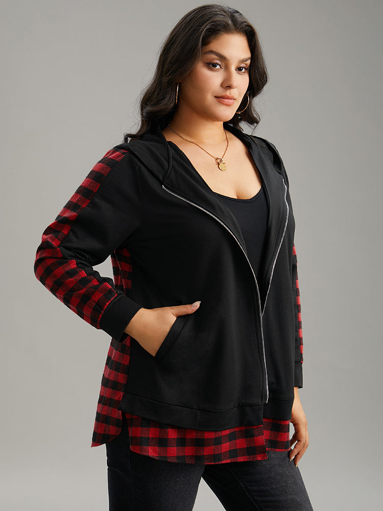 Plaid Patchwork Zipper Hooded Asymmetrical Hem Jacket