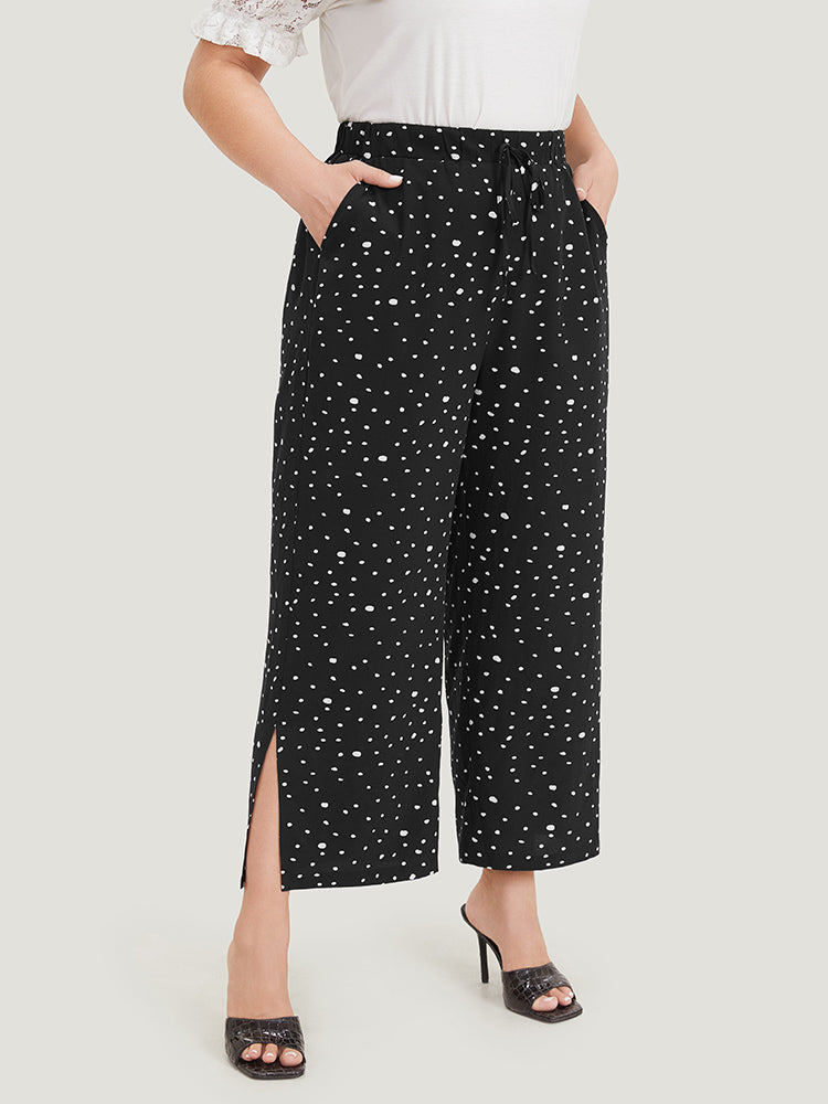 Polka Dot Drawstring Pocket Split Hem Pants