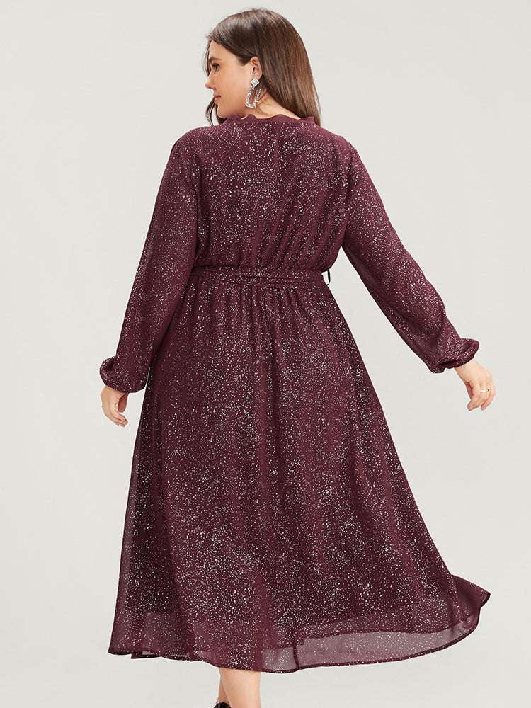 Polka Dot Wrap Lace Trim Lantern Sleeve Pocket Belted Dress