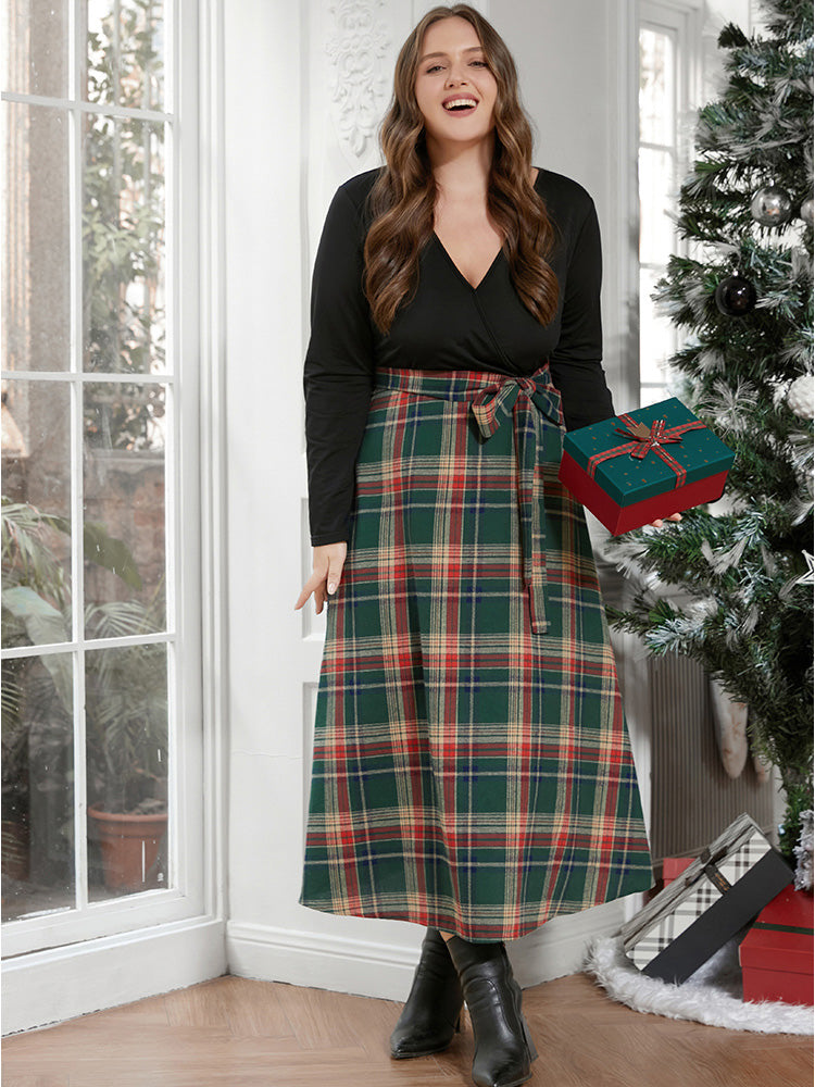 Solid Patchwork Surplice Neck Belted Plaid Dress