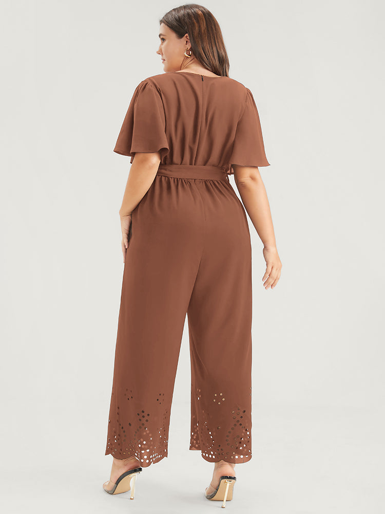 Plain Scalloped Pocket Ruffles Button Belted Laser Cut Wrap Jumpsuit ...