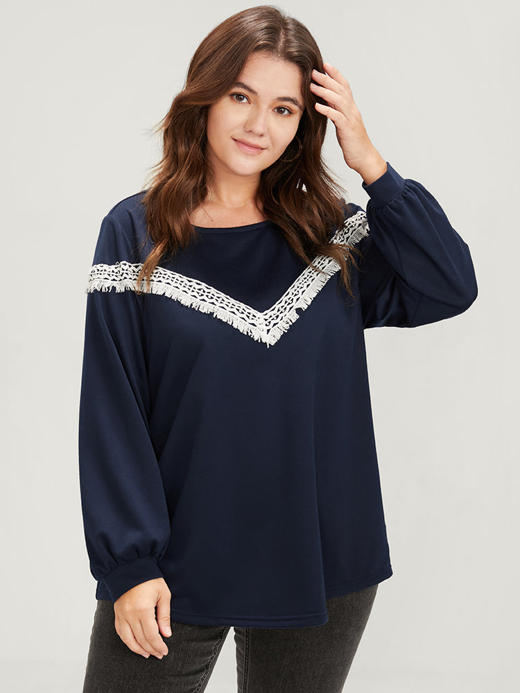 Plain Round Neck Contrast Lace Drop Shoulder Sweatshirt