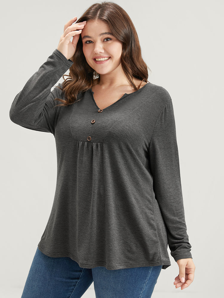 Solid V Neck Button Detail Long Tee