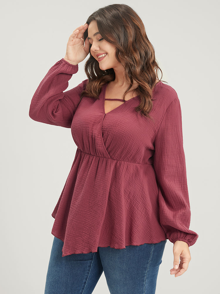 Solid Lantern Sleeve Asymmetrical Hem Wrap Blouse – BloomChic