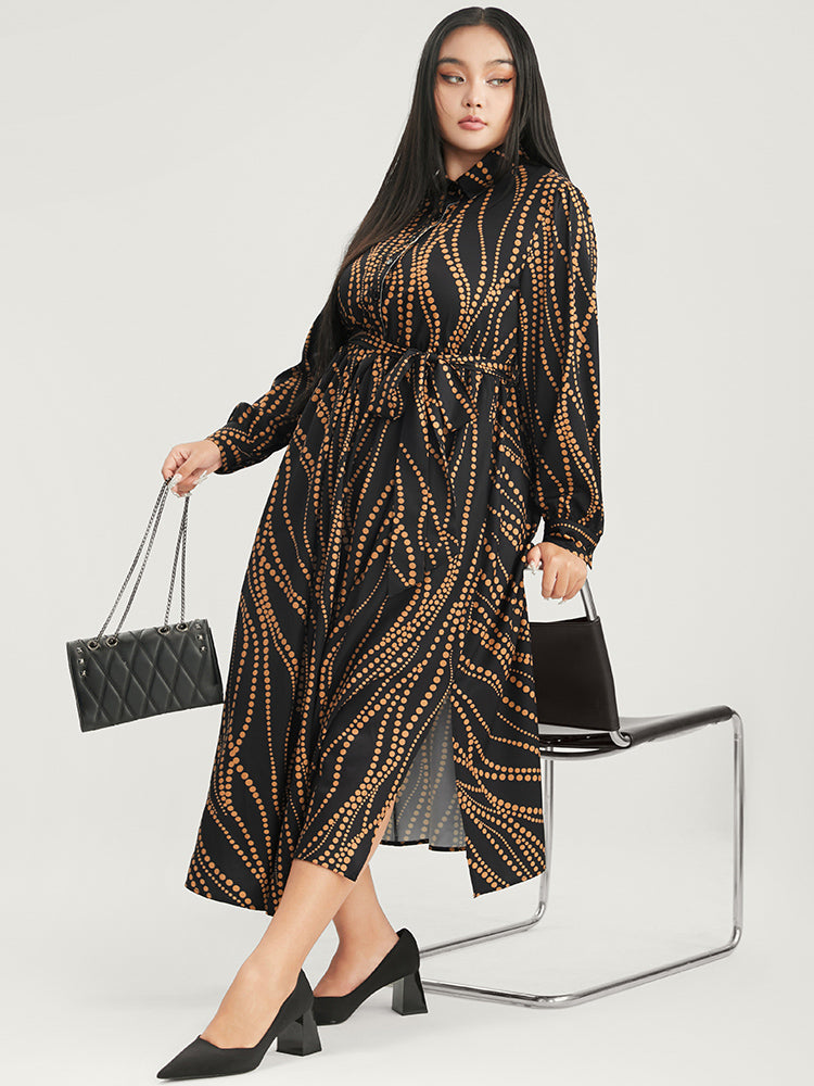Polka Dot Pocket Button Detail Belted Shirt Collar Dress