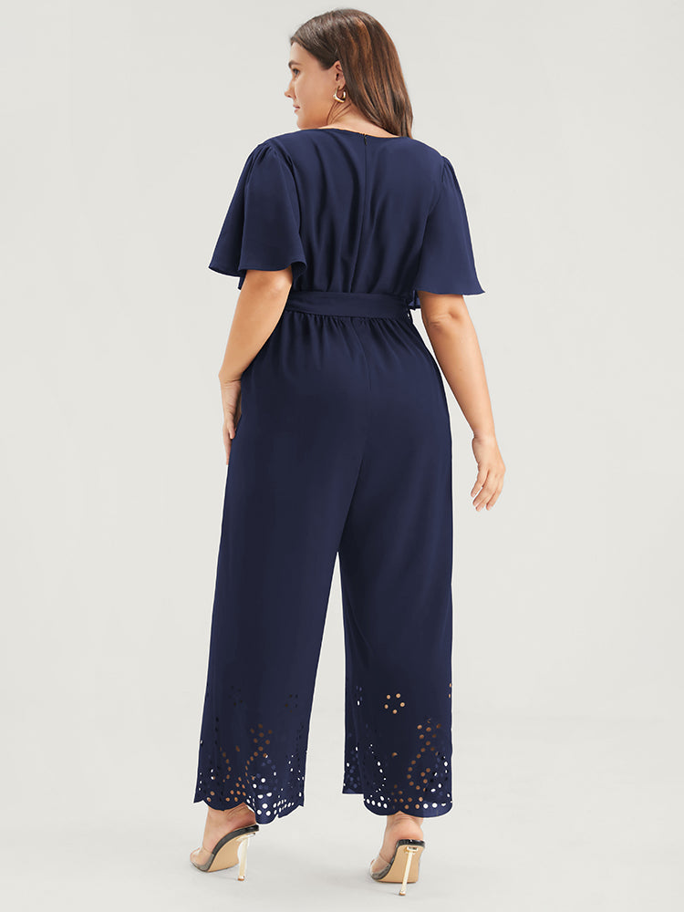 Plain Scalloped Pocket Ruffles Button Belted Laser Cut Wrap Jumpsuit ...