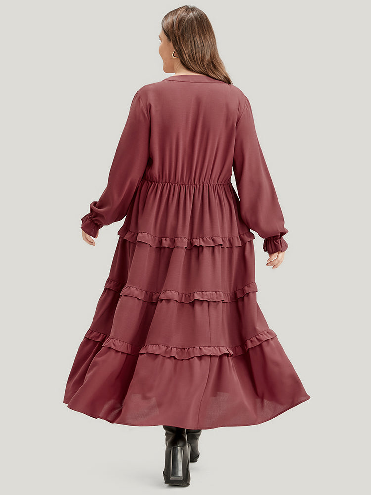 Solid Lantern Sleeve Pocket Ruffle Hem Dress