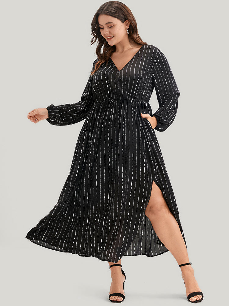 Striped Lantern Sleeve Pocket Split Wrap Midi Dress BloomChic