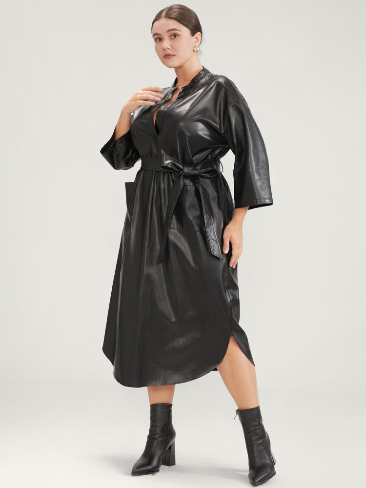 PU Leather Pocket Belted Arc Hem Dress