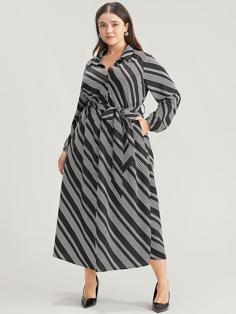 Striped Lantern Sleeve Pocket Belted Lapel Collar Dress