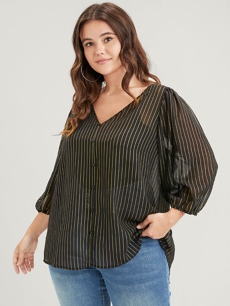 Striped Mesh Lantern Sleeve V Neck Blouse