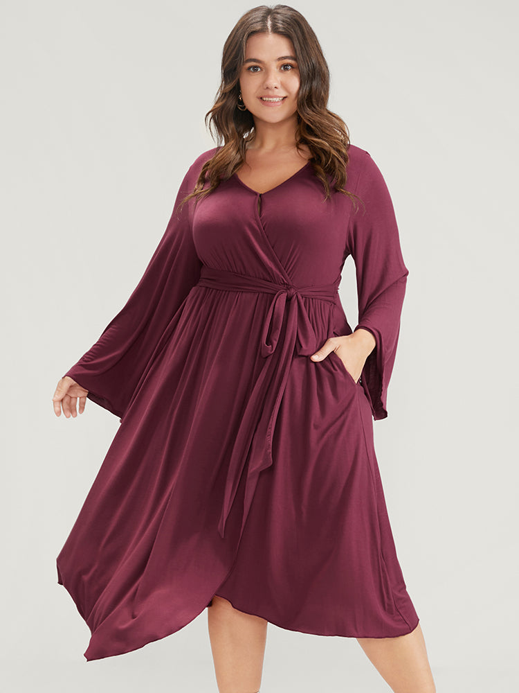 Solid Wrap Knotted Front Pocket Bell Sleeve Asymmetrical Hem Dress