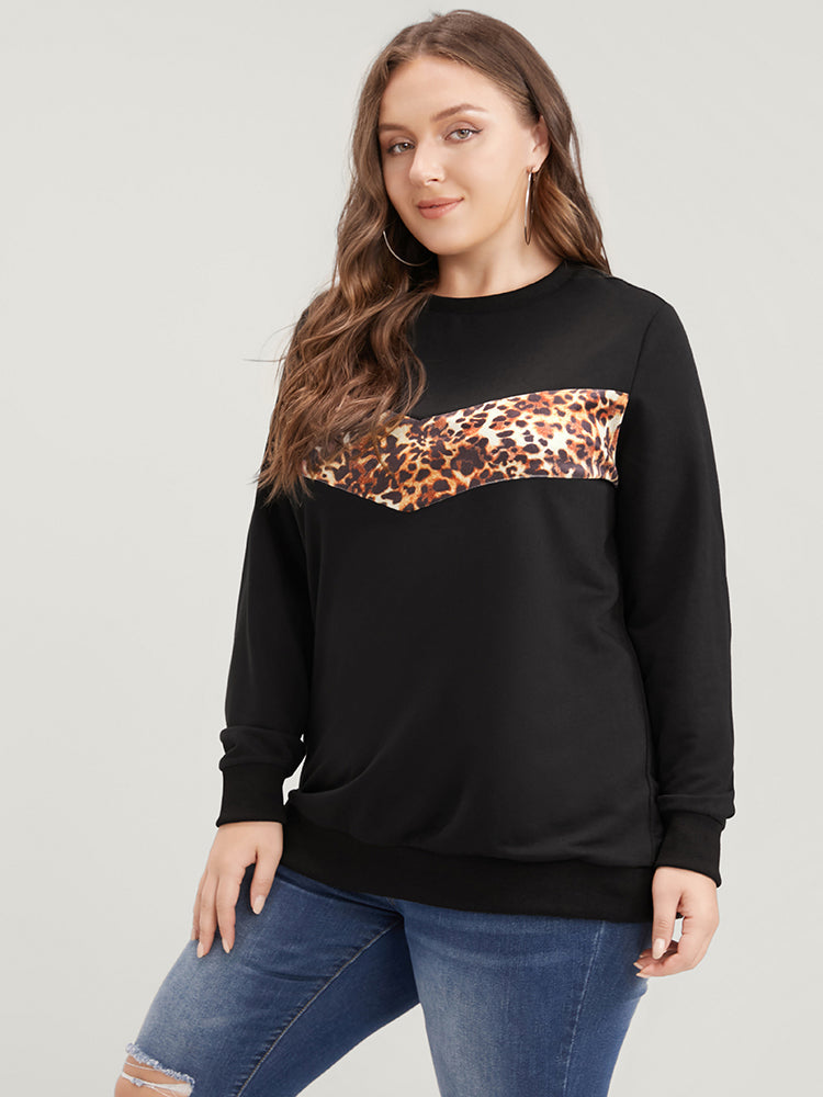 Leopard Patchwork Round Neck Drop Shoulder Sweatshirt