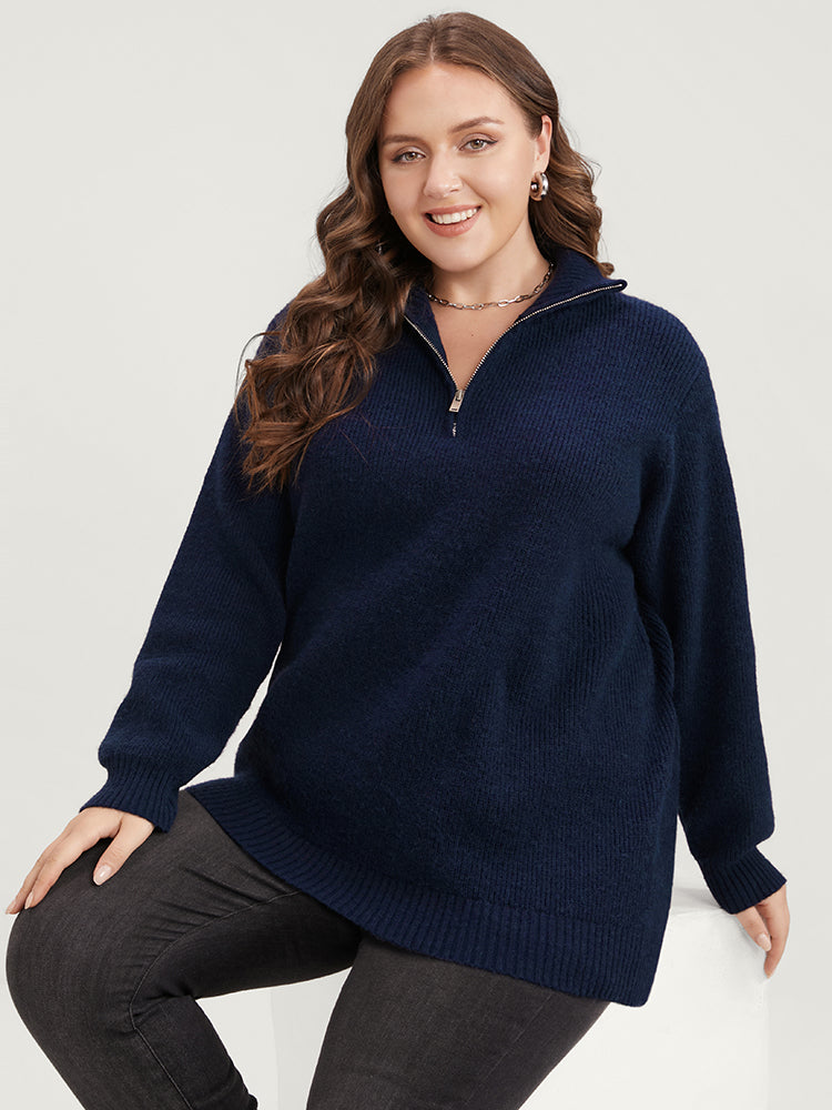 Solid Super Soft Plush Knit Zip Neck Knit Top