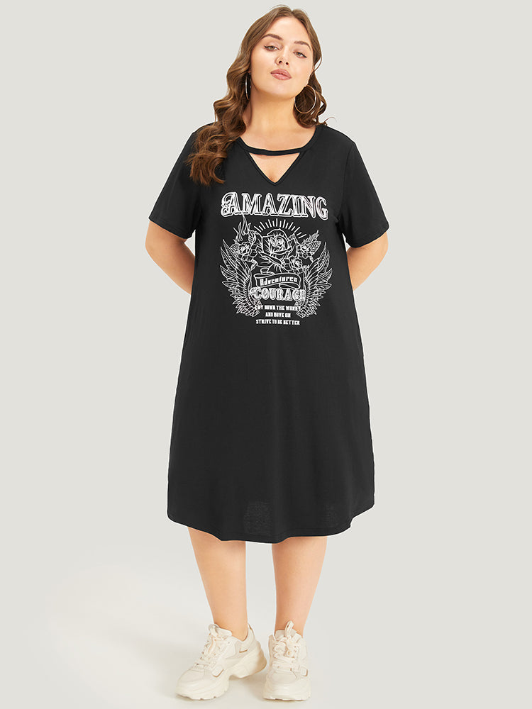 Graphic & Letter Print Pocket Cut Out Dress