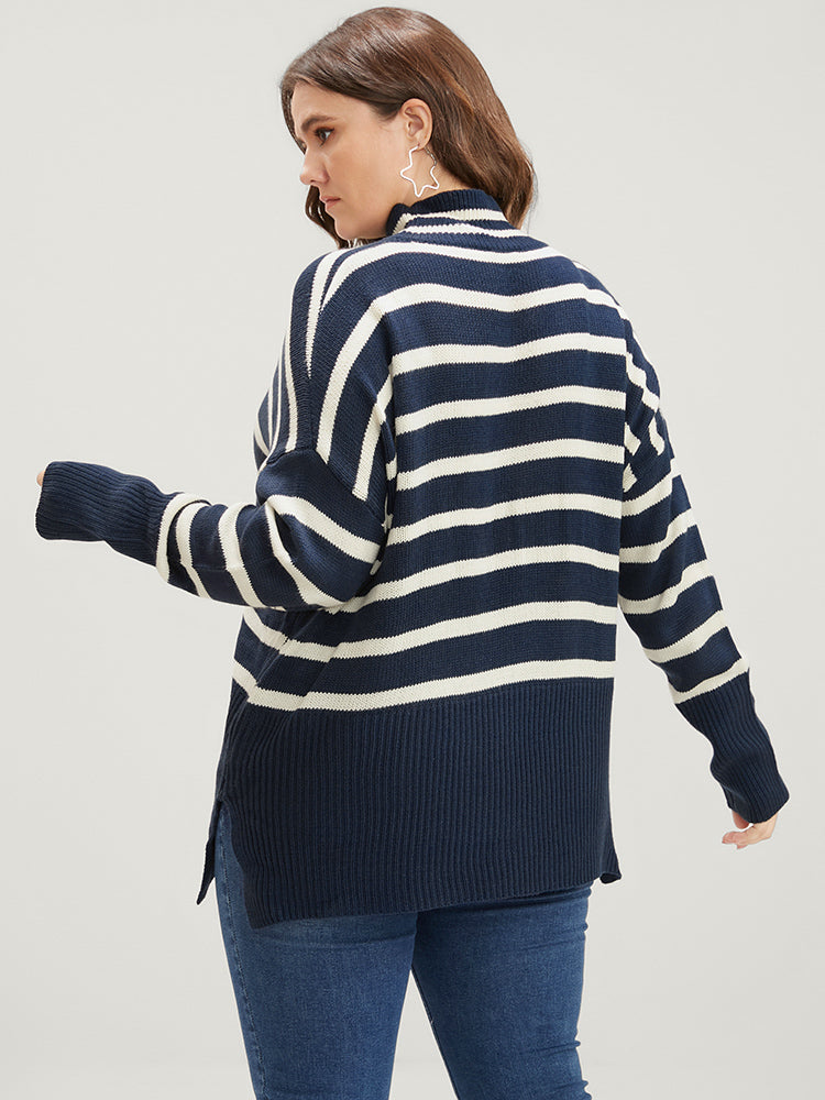 Striped Contrast Pointelle Knit Split Hem Mock Neck Knit Top