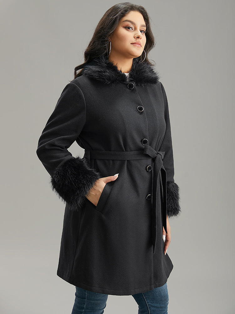 Solid Fuzzy Trim Button Through Belted Coat