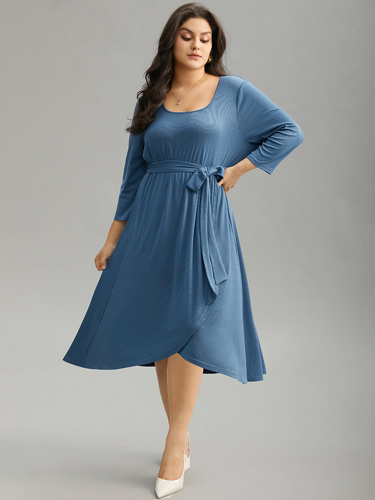 Plain Square Neck Arc Hem Belted Wrap Dress