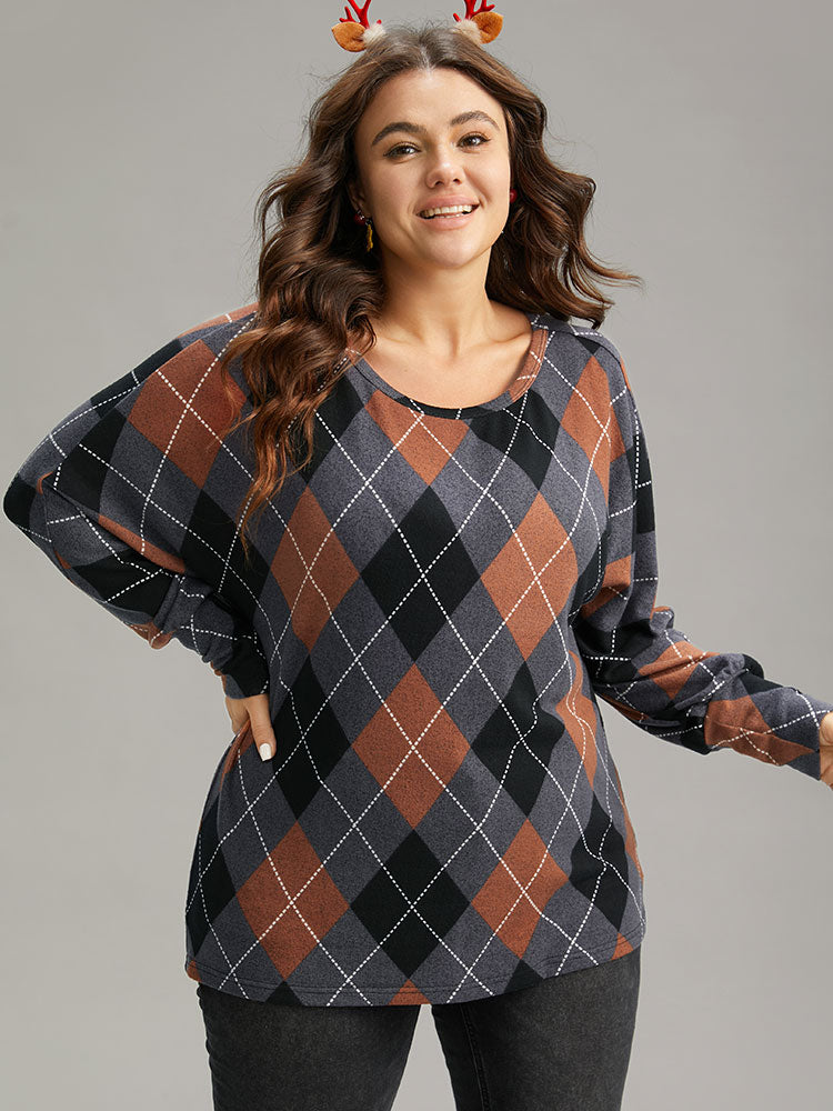 Plaid Contrast Round Neck Dolman Sleeve T-shirt
