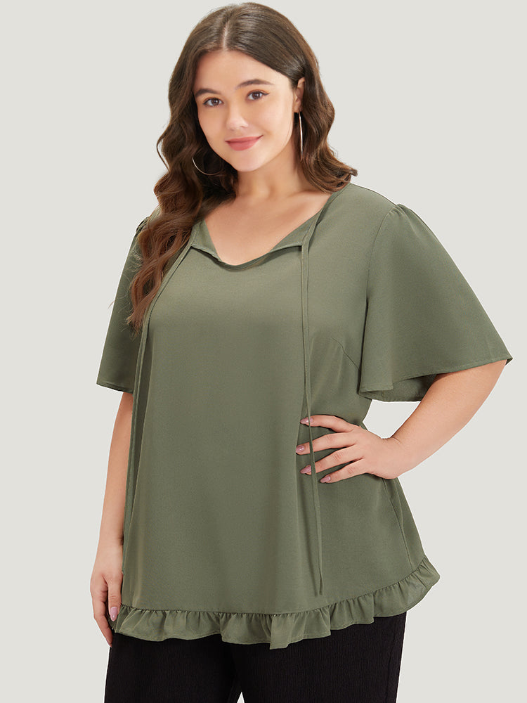 Plain Ruffle Sleeve Knot Neck Frill Trim Woven Top