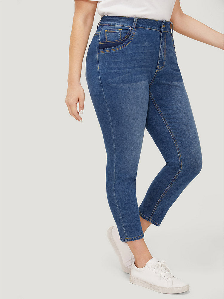 Very Stretchy High Rise Medium Wash Patched Patchwork Jeans