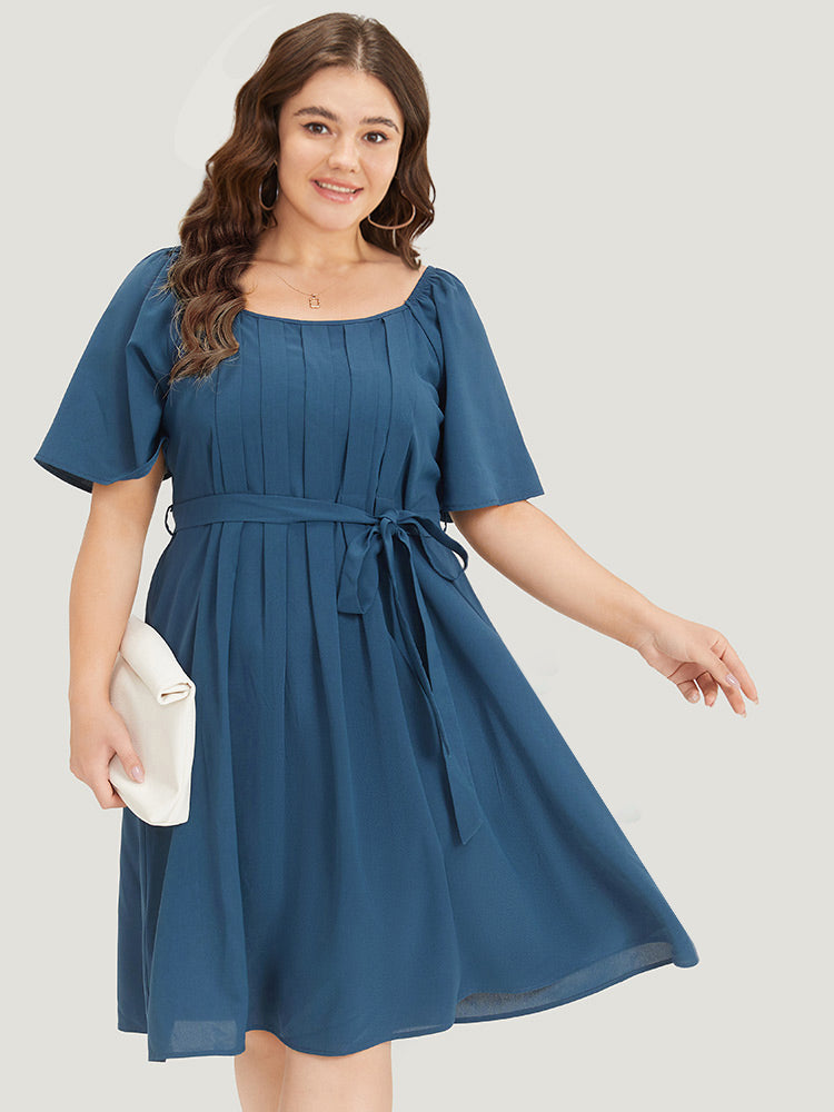 Plain Pocket Belted Pleated Raglan Sleeve Dress BloomChic