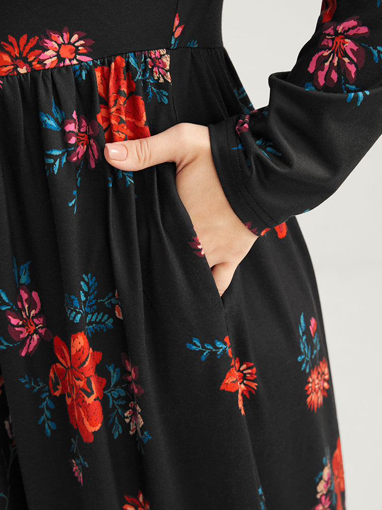 Floral Print V Neck Pocket Flutter Hem Dress Without Belt