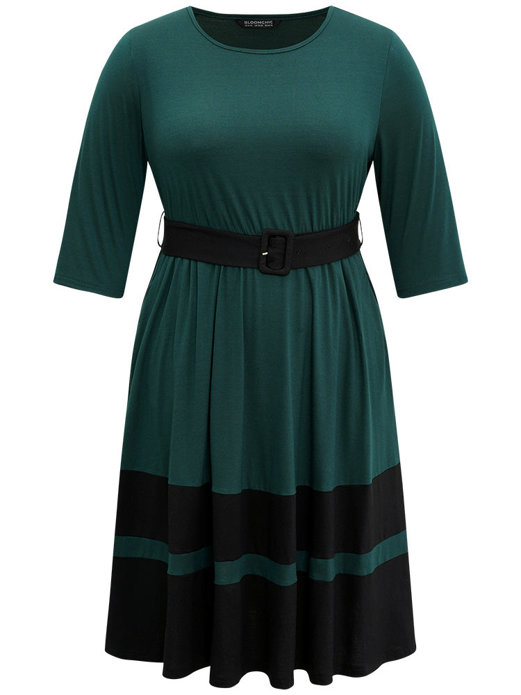 Contrast Belted Buckle Detail Elastic Waist Dress