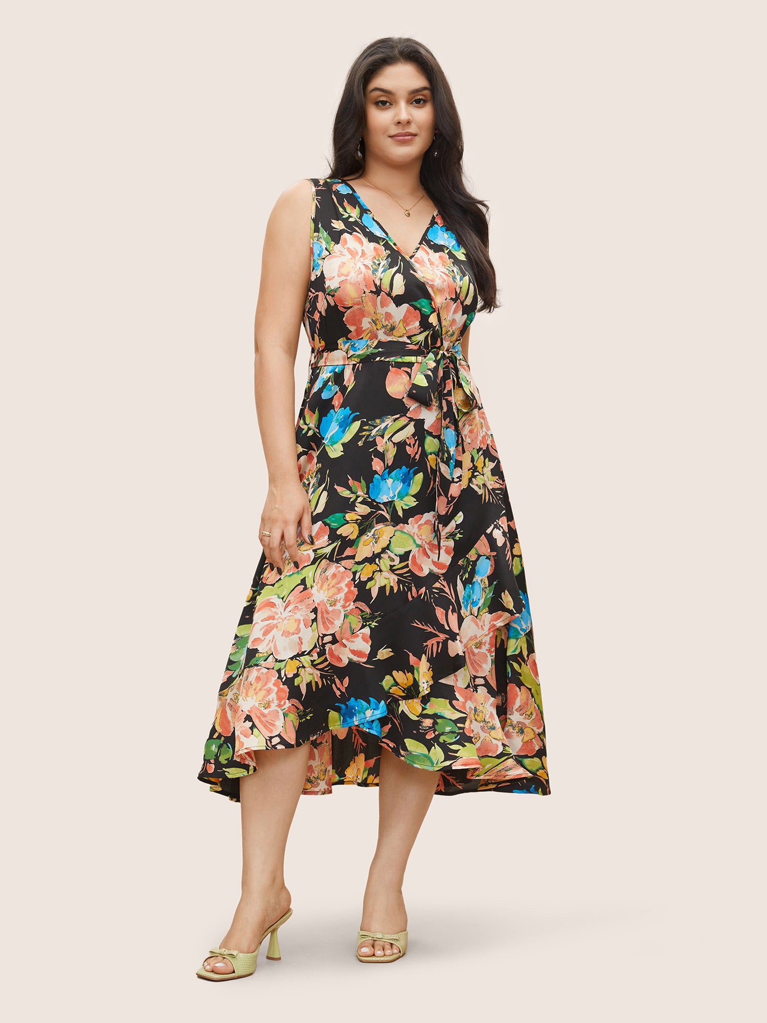 Surplice Neck Floral Print Belted Tank Dress