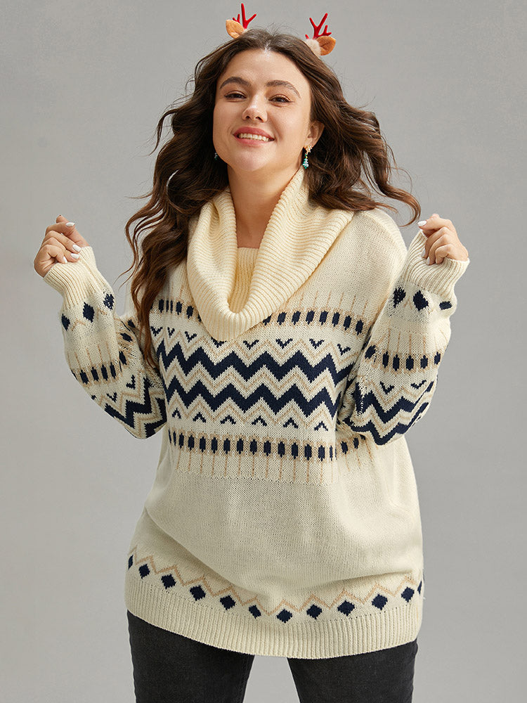 Geometric Contrast Turtleneck Elastic Cuffs Pullover