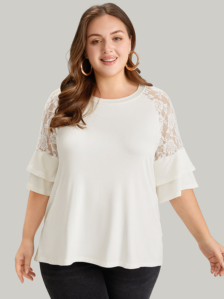 Plain Lace Mesh Round Neck Ruffle Sleeve T-shirt BloomChic