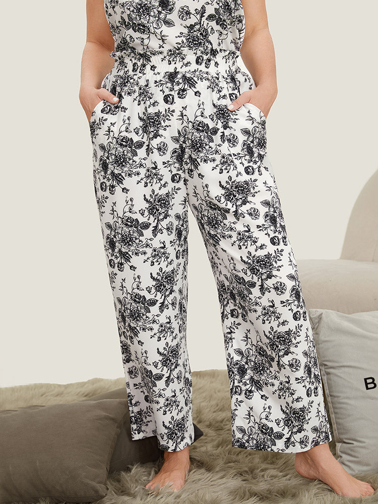 Floral Print Pocket Shirred Waist Pajama Bottoms